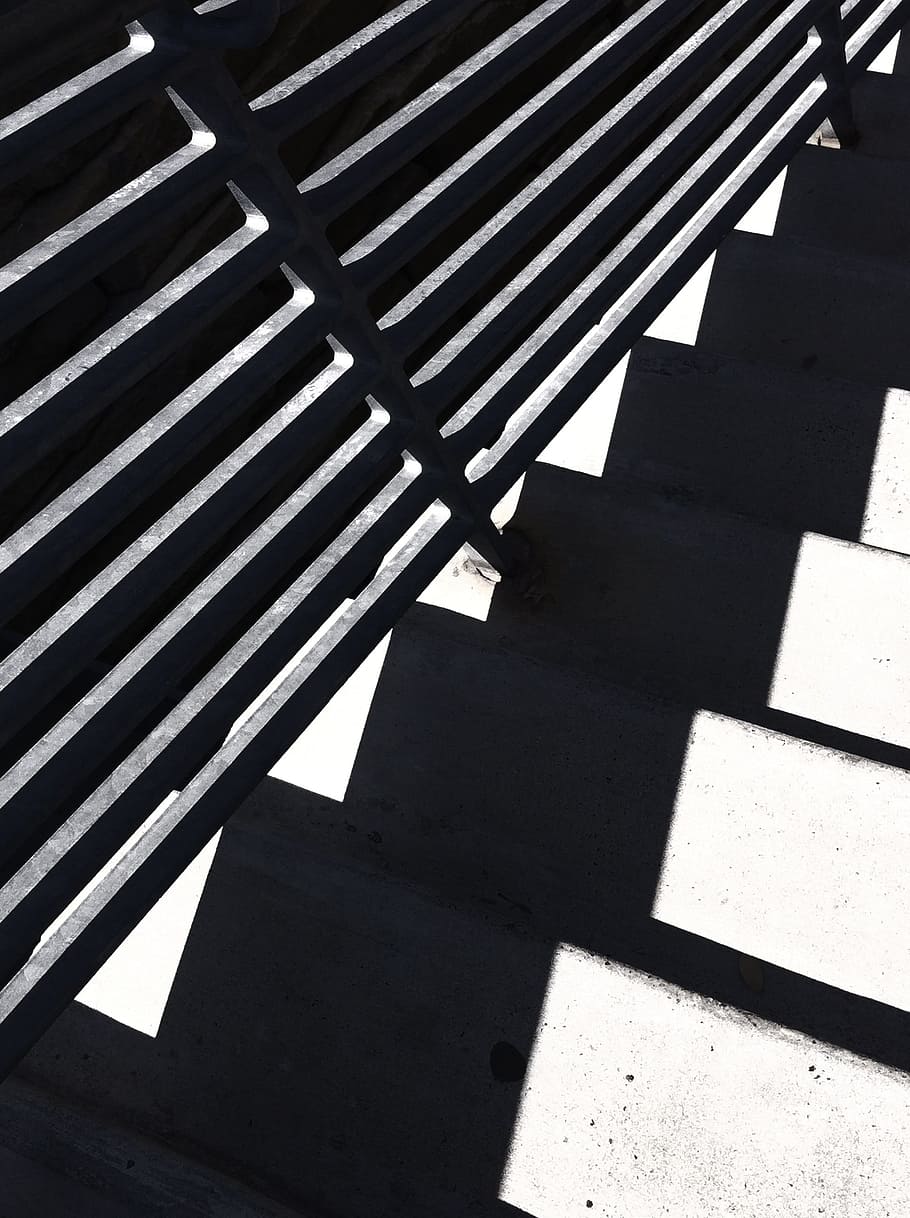 Escadas, Passos, Para baixo, Preto e branco, forma, repetição, resumo, ninguém, arquitetura, dia