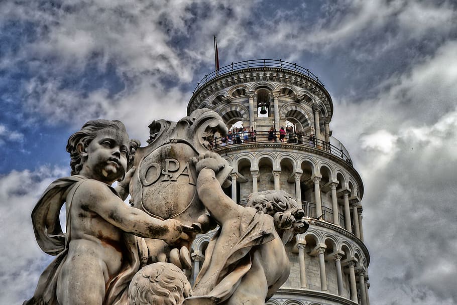 low, angle photography, gray, concrete, tower, daytime, pisa, leaning tower, tuscany, italy
