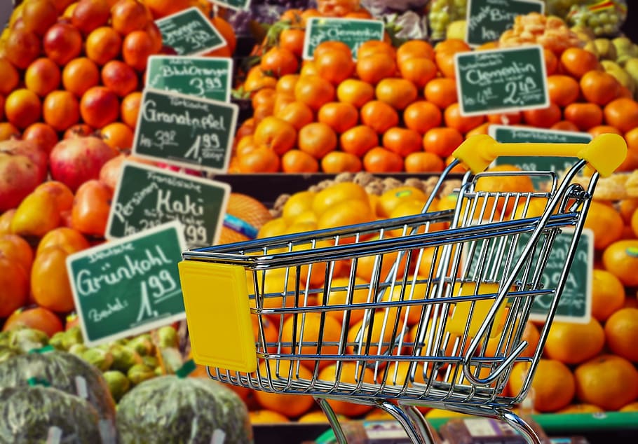 silver shopping cart, shopping, fruit, vegetables, business, retail, shopping cart, transport, supermarket, food
