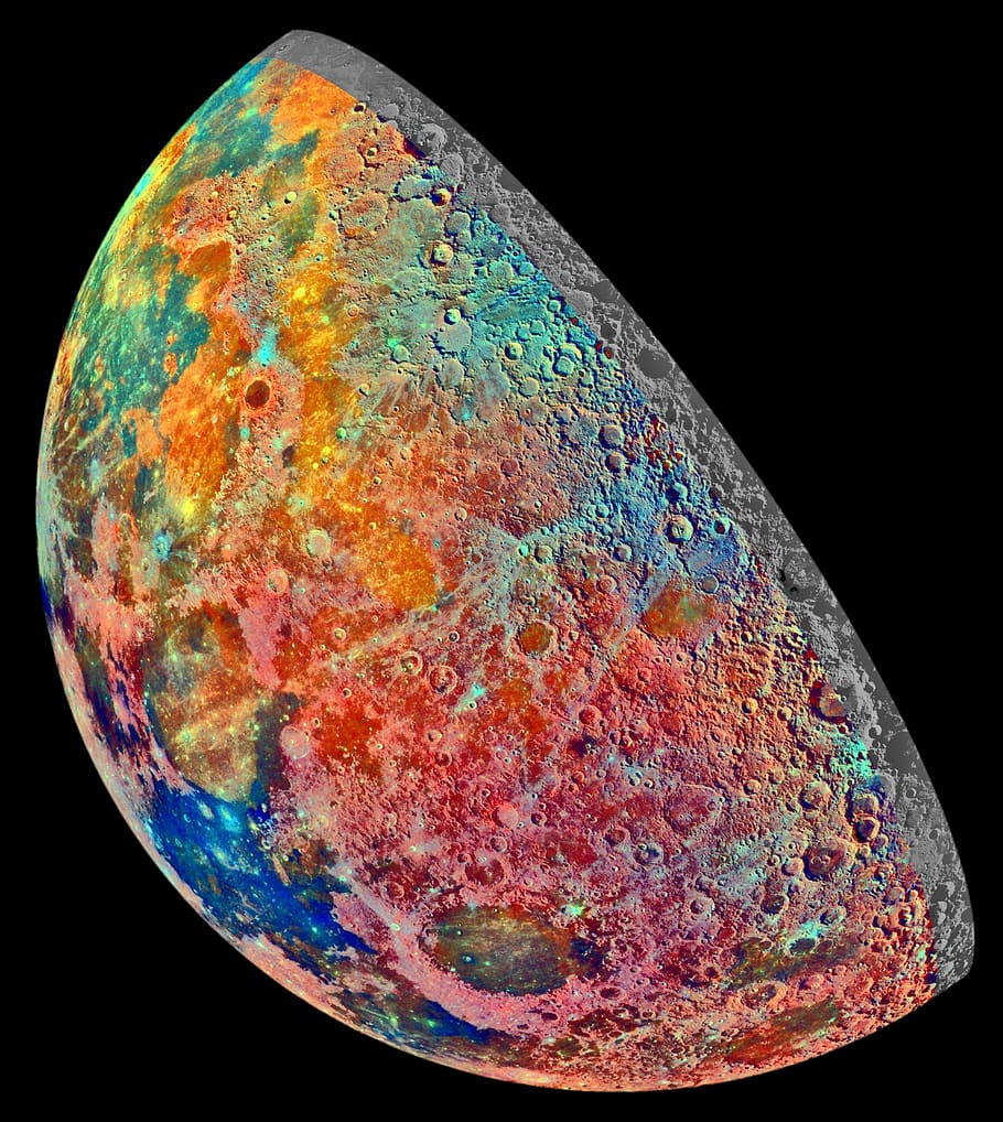luna, cada vez más, color falso, espacio, cráter, fondo negro, multicolores, foto de estudio, en el interior, ciencia