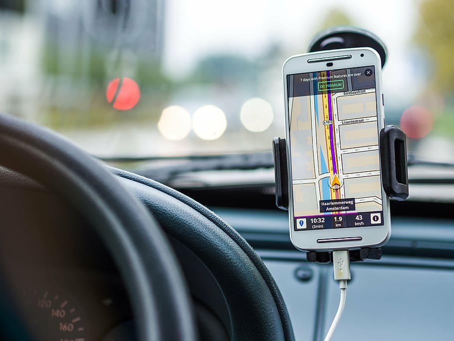 Teléfono, pantallas, GPS, mapa, aplicación, navegación, automóvil, unidad, carretera, transporte