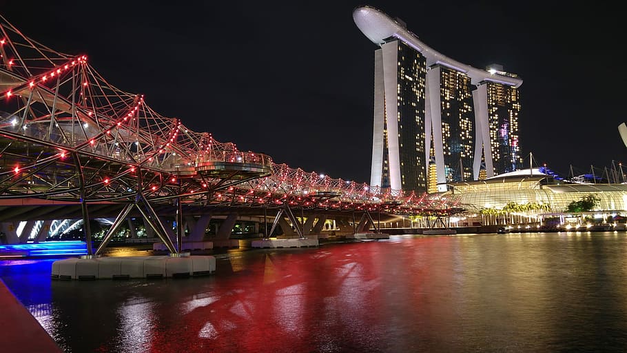 low, angle view, marina sand bay, low angle, view, Marina, Sand Bay, night, famous Place, bridge - Man Made Structure