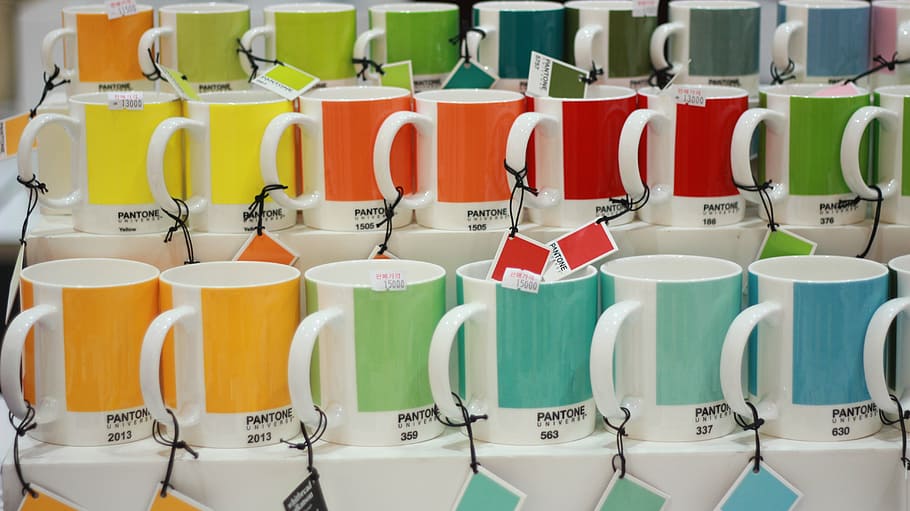 ceramic, coffee mug lot, color, mug, pantone, in a row, large group of objects, retail, cup, choice