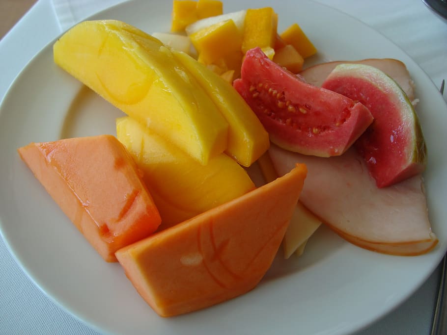 café da manhã, frutas, fresco, natural, delicioso, colorido, fatia, manga, goiaba, mamão
