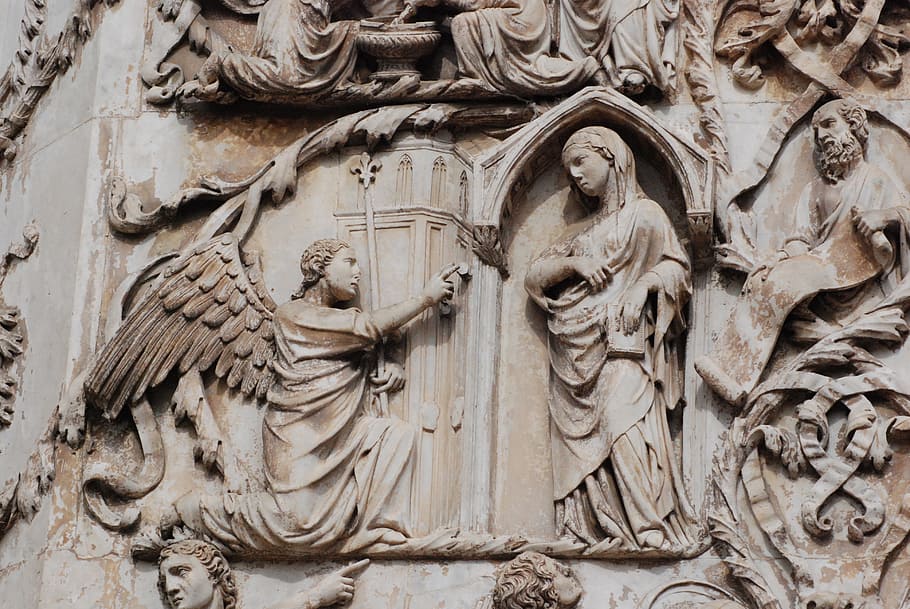 close-up, brown, bas-relief, italy, bas relief, sculpture, cathedral, orvieto, annunciation, religious