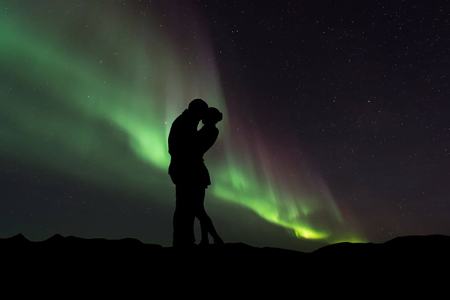 two, man, woman, kissing, mountain, silhouette, couple, couple silhouette, northern lights, night