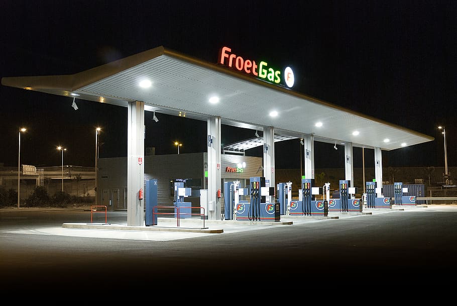froetgas gas station, froet gas, petrol station, gasoline, discount, professional, illuminated, night, text, gas station