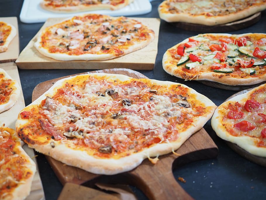 pizza, coklat, kayu, permukaan, ham-keju-pizza, nutrisi, makan, makanan, lezat, memasak