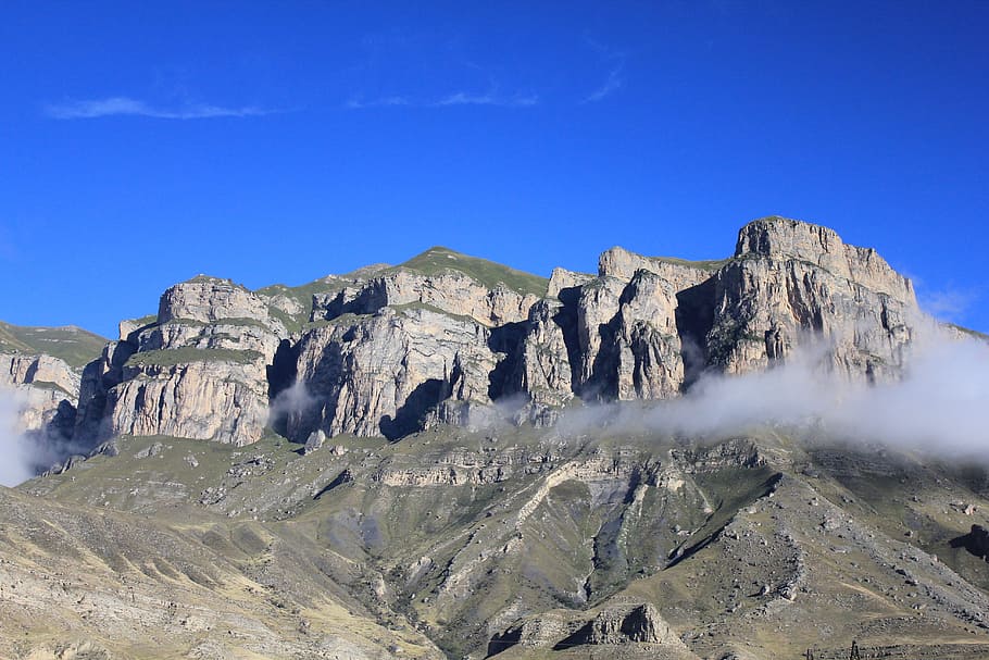 mountain, caucasus, clouds, rocks, sky, scenics - nature, beauty in nature, blue, tranquil scene, rock