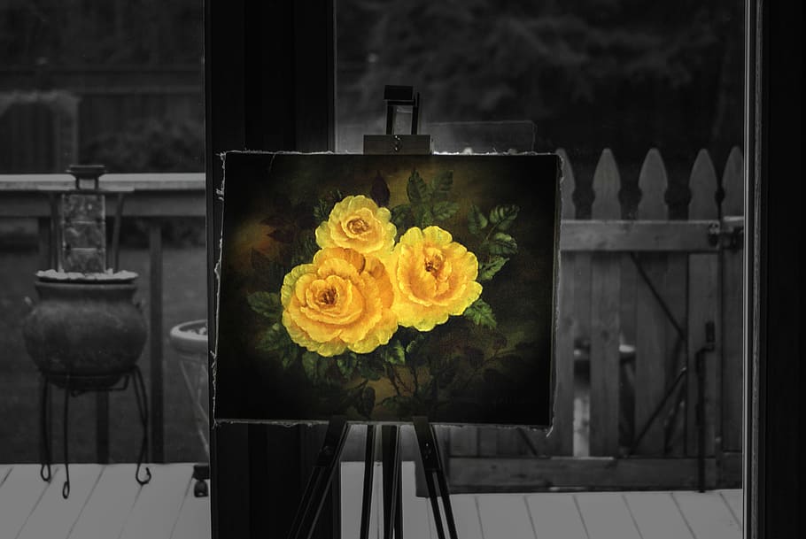 Easel, Painting, Rose, Art, easel, painting, rose, art, black and white, yellow, decorative, flowers