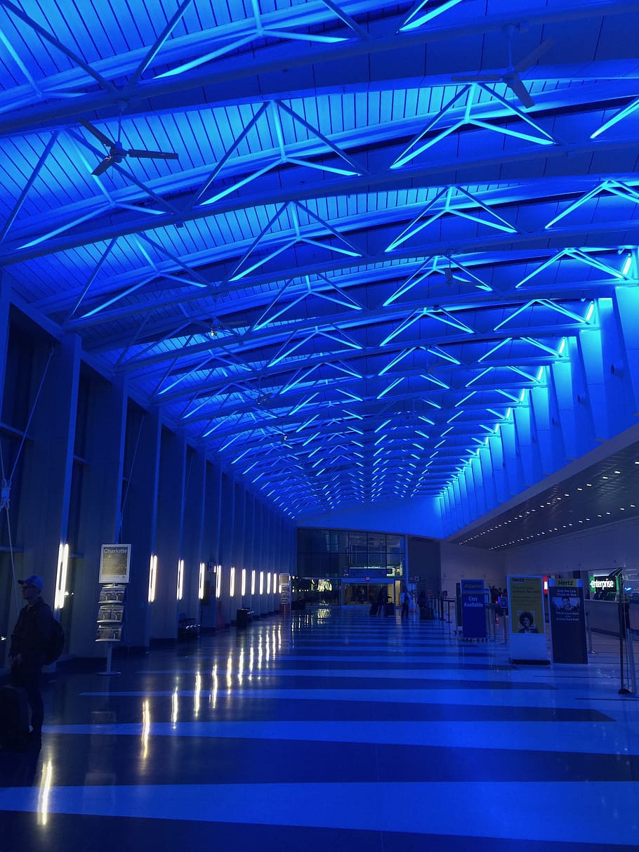 blue, light, architecture, airport, night, building, buildings, lights, illuminated, ceiling