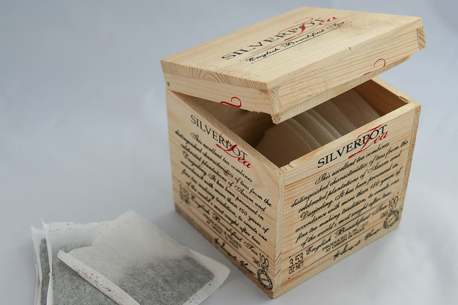 tea, tea box, tea bag, container, box, text, paper, indoors, still life, box - container