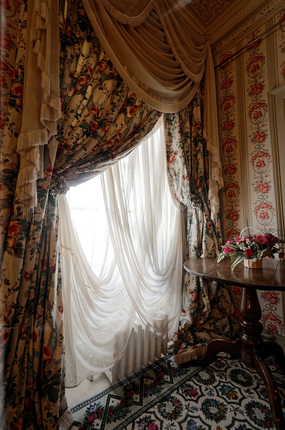 white, black, floral, curtains, window, drapes, old, light, room, textile