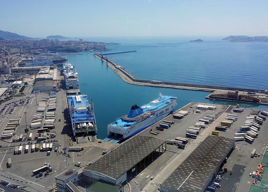 Marselha, Porto, Paca, méditérannée, barco, carga, vista aérea, mar, água, embarcação náutica