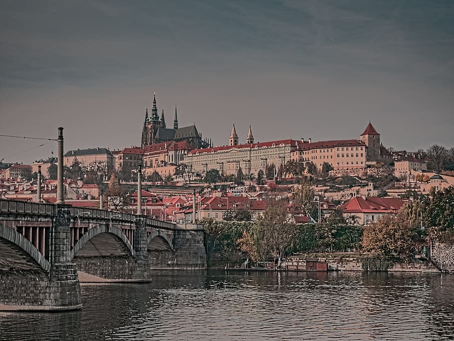 prague, castle, vltava, bridge, czech republic, prague castle, river, architecture, built structure, building exterior