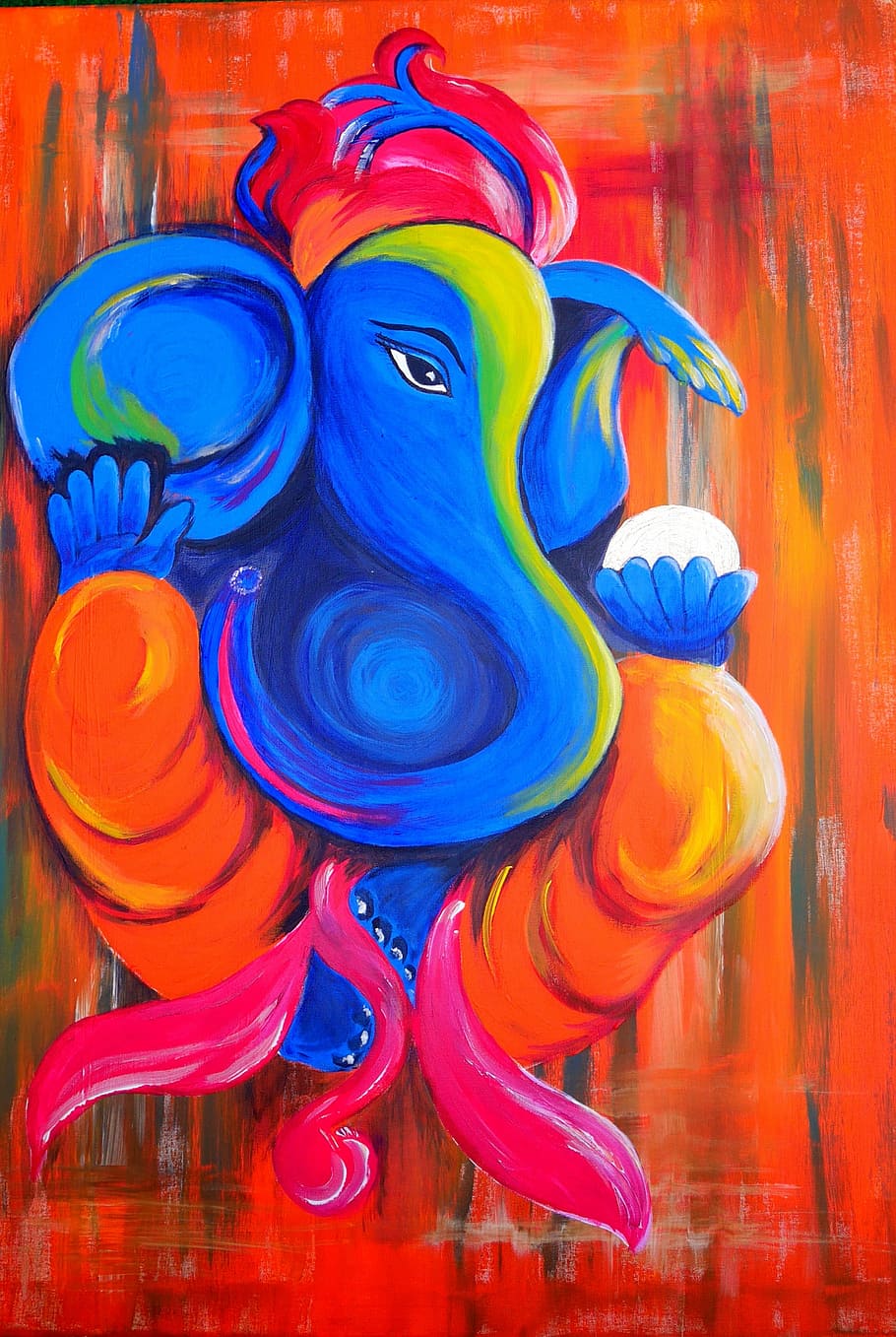 blue, yellow, red, orange, elephant painting, elephant, ganesha, god, deity, india