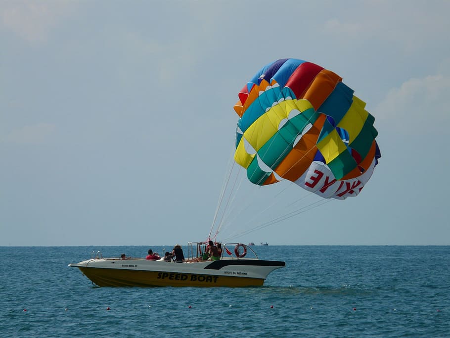 parapente, paraquedismo controlável, controlável, paraquedismo, paraquedas, bota, mar, arraste, voar, vista aérea
