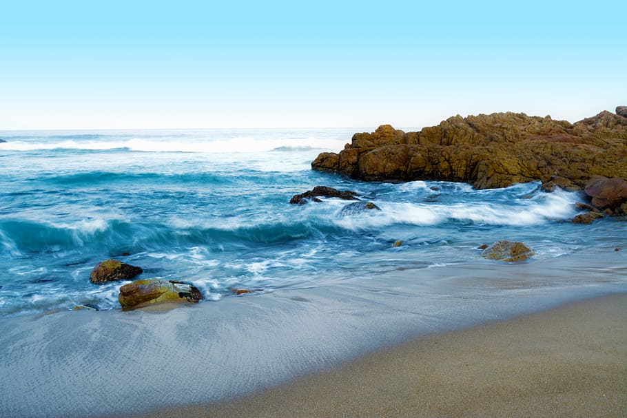 seashore photography, daytime, seashore, rocks, waves, ocean, sea, beach, vacation, travel