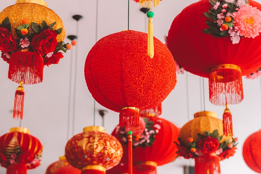 Cina, lentera, merah, Asia, dekorasi, merayakan, oriental, ornamen, lampu, gantung