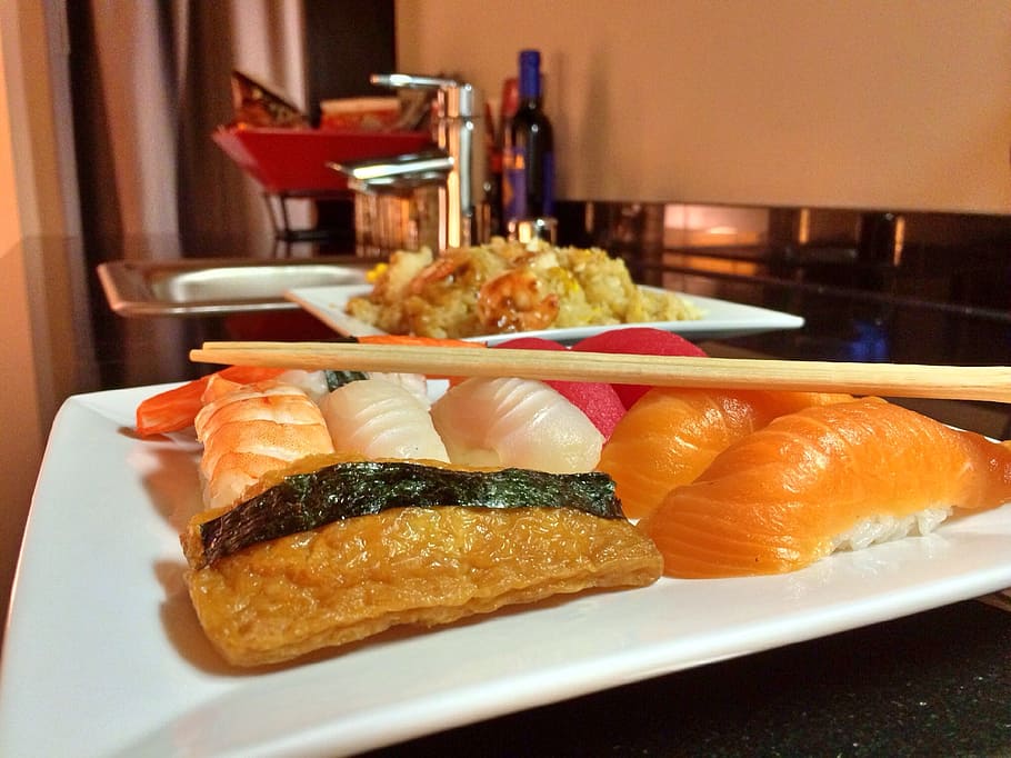 sushi food, white, plate, chopsticks, top, sushi, food, fish, seafood, japanese