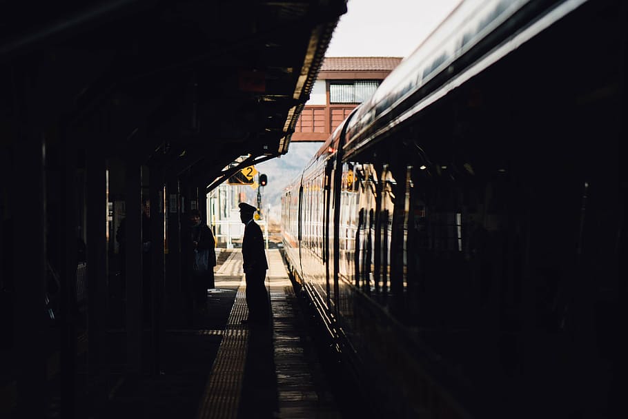 silhouette, man, standing, train station platform, trail, train, station, people, ride, transportation