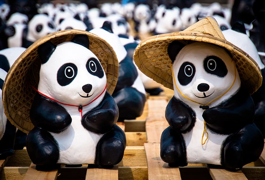 two panda figurines, panda, taipei, exhibition, cute, paper, representation, art and craft, toy, creativity