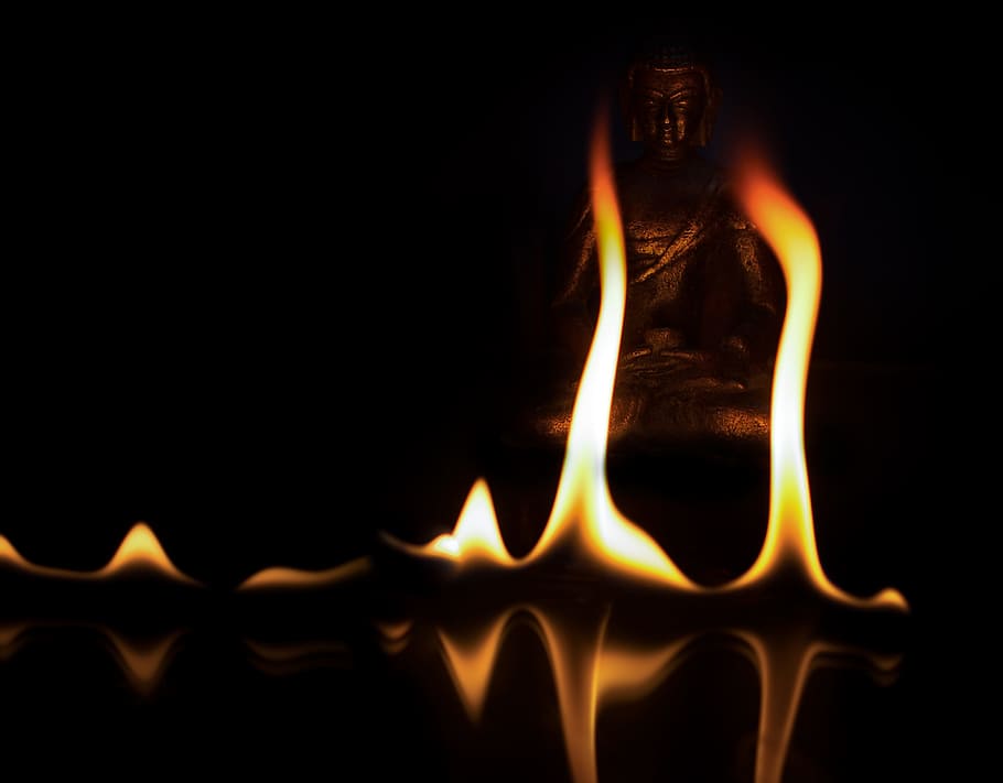 yellow, flames, front, buddha statue, buddha, flame, fire, brand, burning, heat - temperature