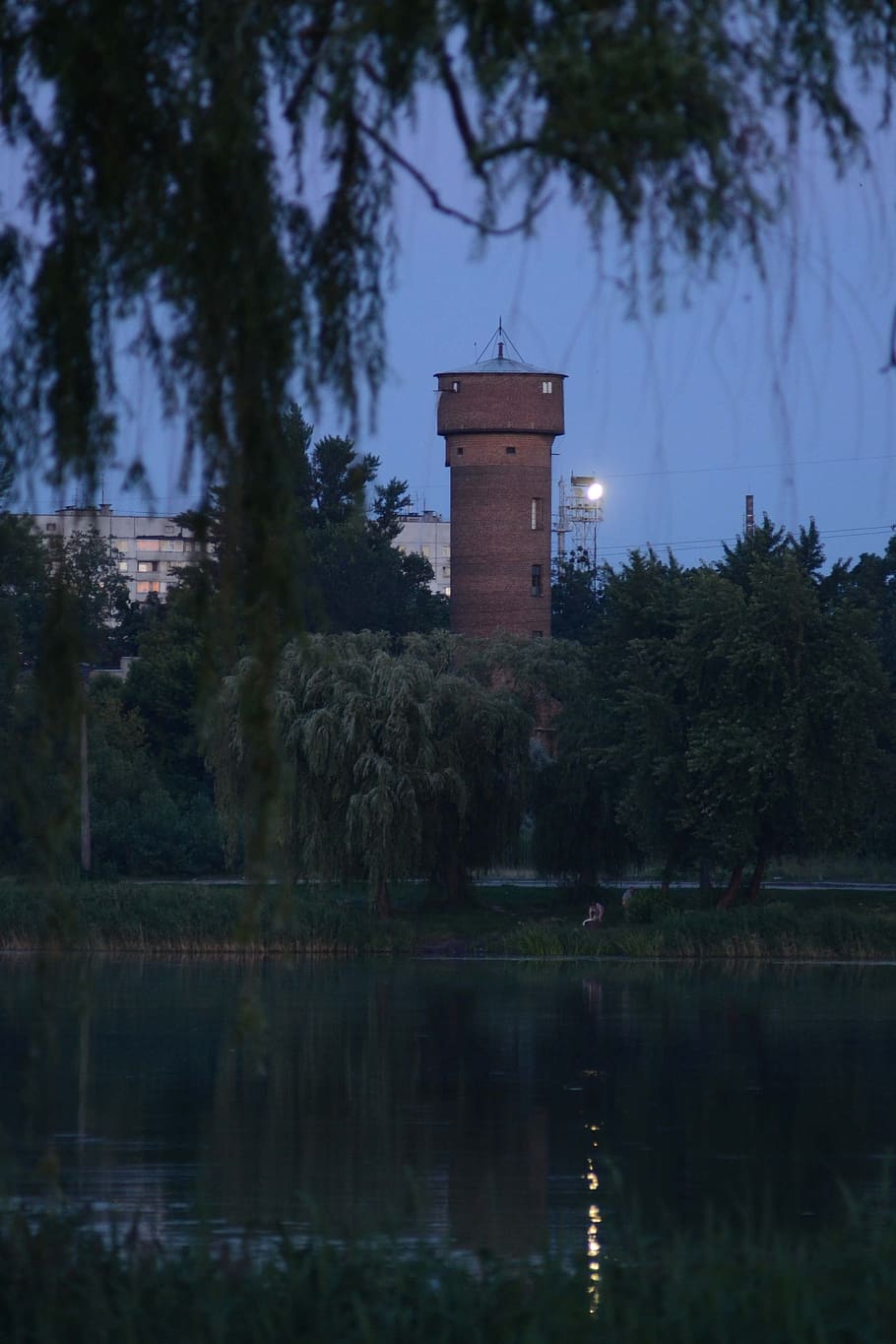 tower, water, water tower, barrel, river, trees, branch, willow, foliage, nature