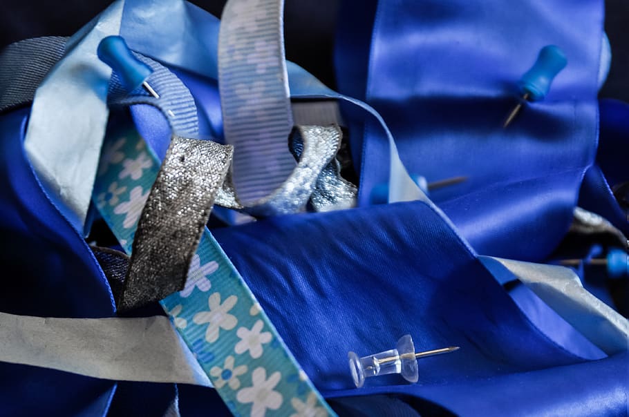 blue, ribbon, sewing, pins, drawing pins, stationery, silver, sparkly, texture, crafting