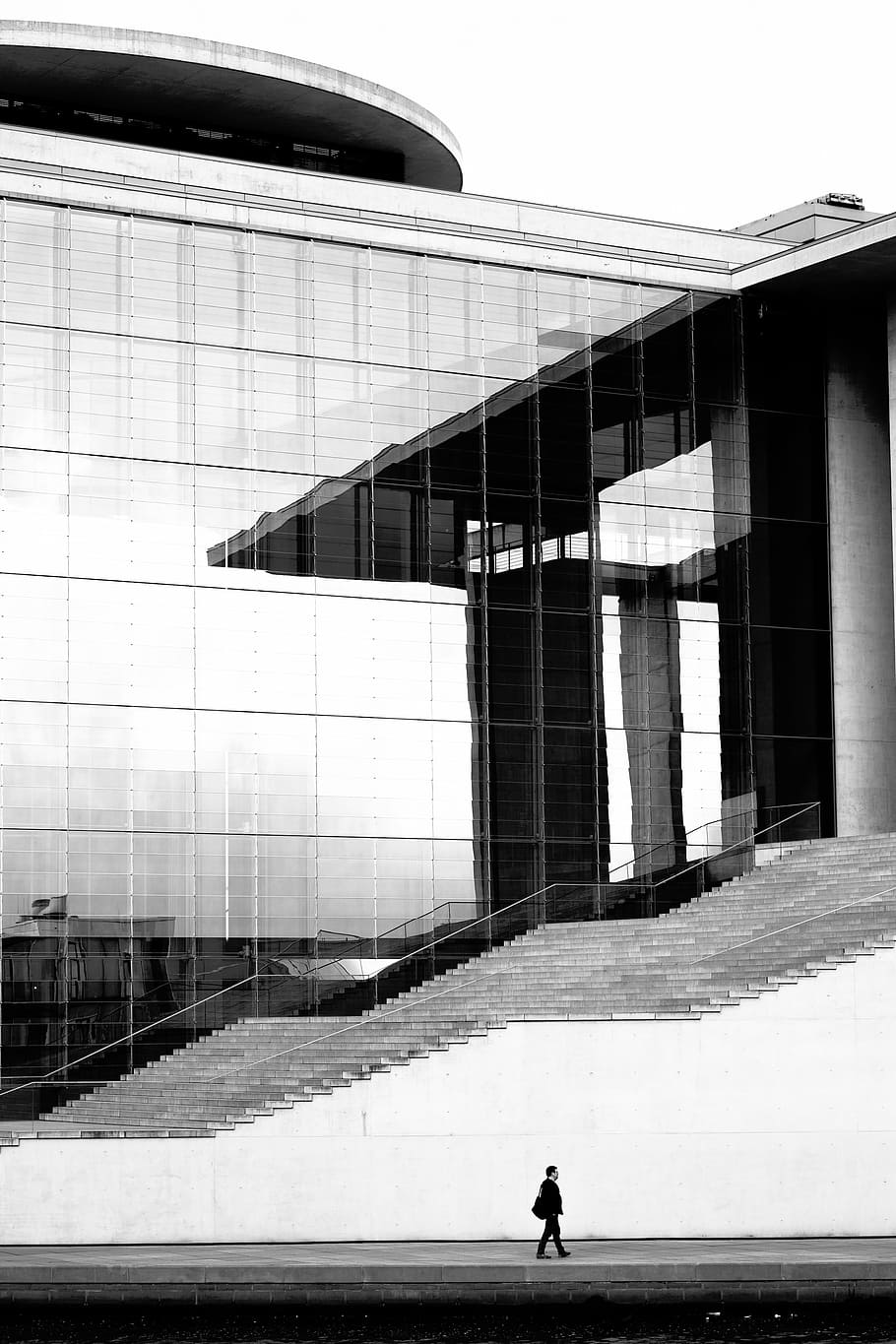 person, walking, white, glass building, buildings, structure, architecture, design, stairs, lines