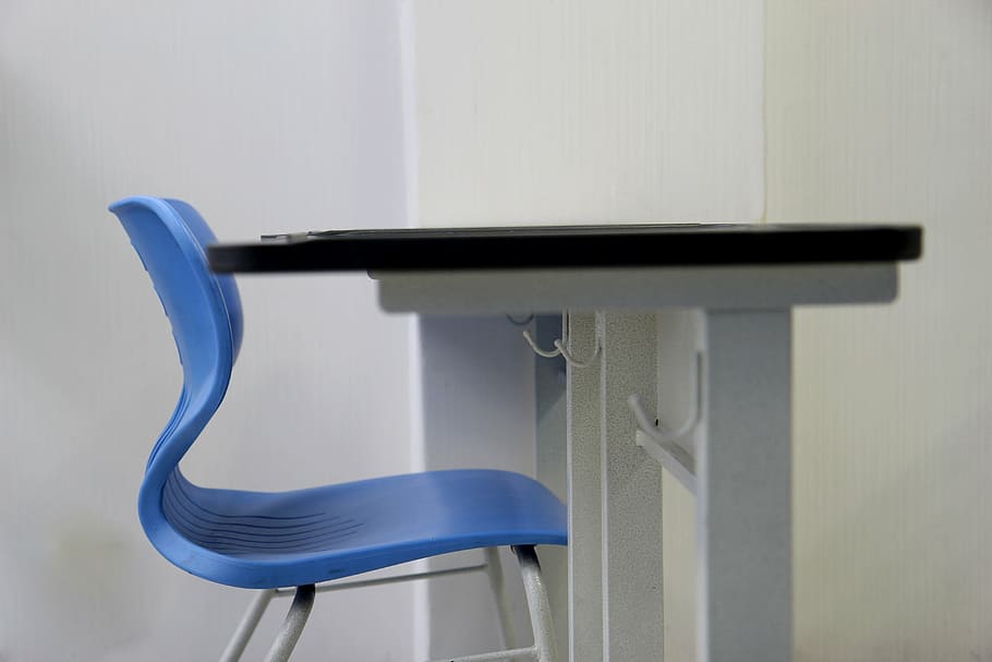 azul, silla, frente, negro, mesa, escritorio, escuela, estudio, clase, curva
