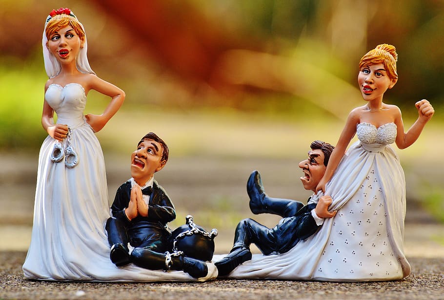 groom, bride figurines, women's power, funny, bride and groom, handcuffs, anklet, marry, wedding, marriage