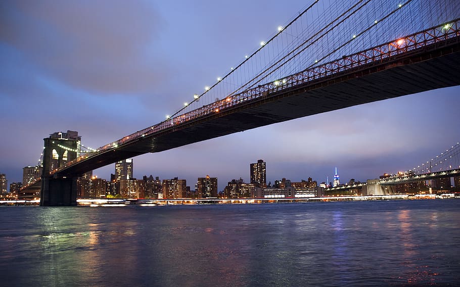 Brooklyn, Puente, Nueva York, Manhattan, puesta de sol, colorido, luces, noche, urbano, Estados Unidos