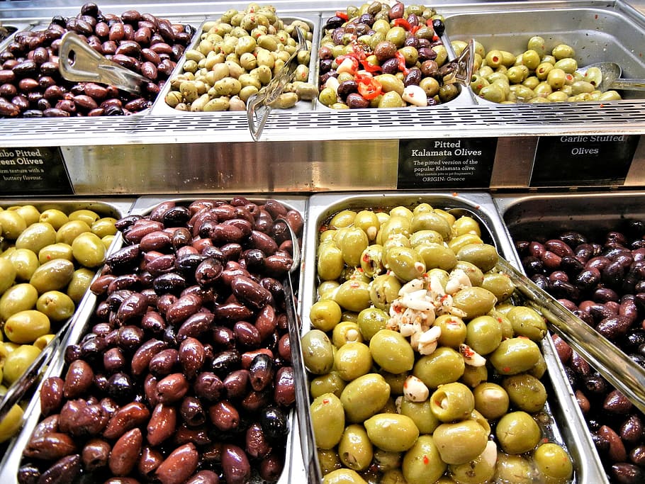 olives, pitted kalamata, garlic stuffed, various, green, black, food, food and drink, choice, healthy eating