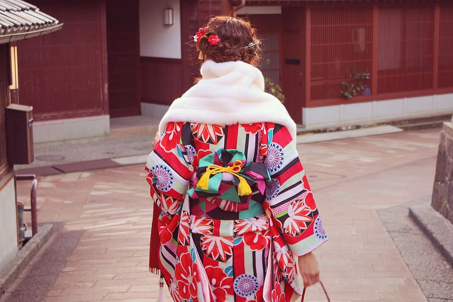 orang, memakai, merah, putih, kimono, jepang, jepang Etnis, wanita, budaya Jepang, budaya
