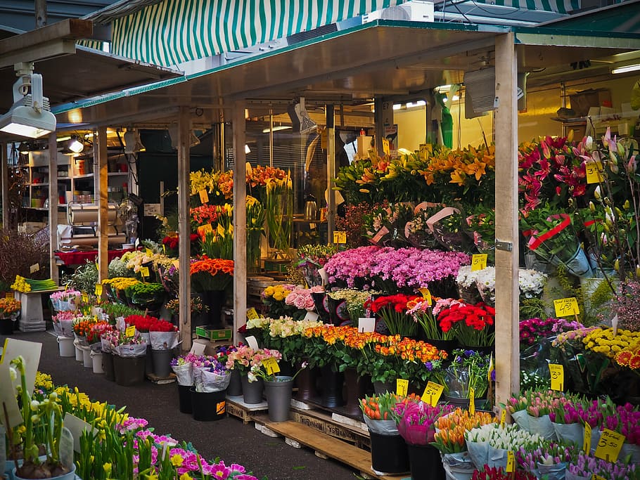 mercado, flores, mercado local de agricultores, flores era, comercio de flores, puesto en el mercado, venta de flores, planta, venta, colorido