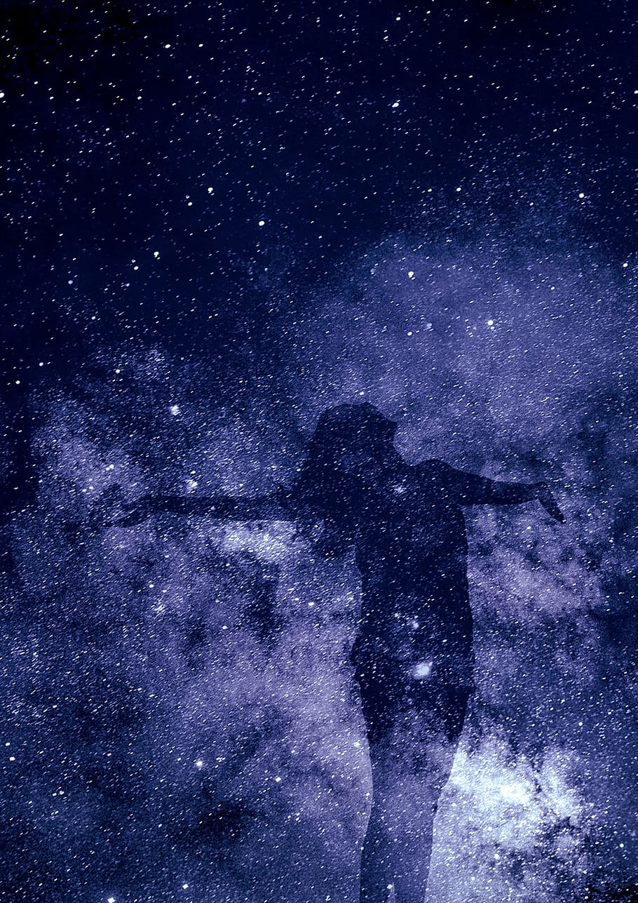 woman silhouette, universe, creation, spirituality, silhouette, be human, star - space, night, astronomy, real people