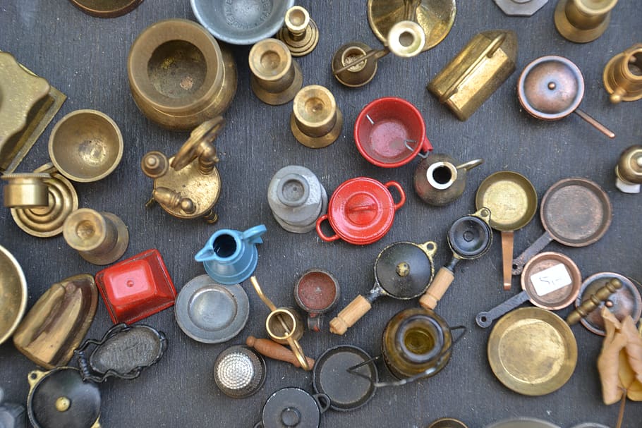 miniatur, tua, Vintage, logam, kaca, pot, barang pecah belah, panci, Retro, keibaan