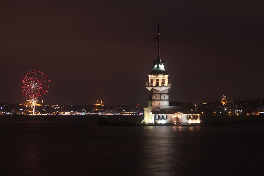 maiden, tower, istanbul, turkey, night, fireworks, distance, natural turkey, marine, blue