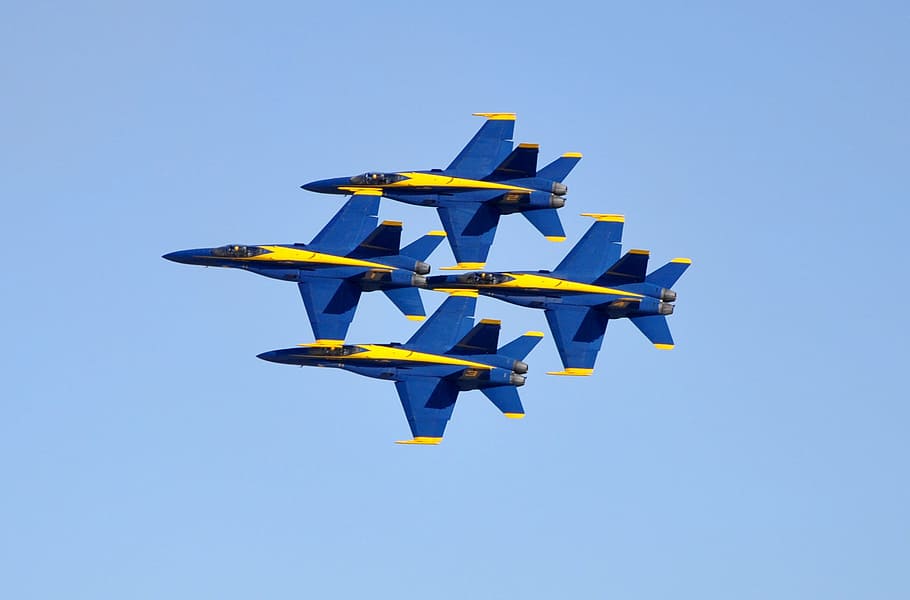 four, gray, white, fighting, jet, blue, sky, daytime, blue angels, jets