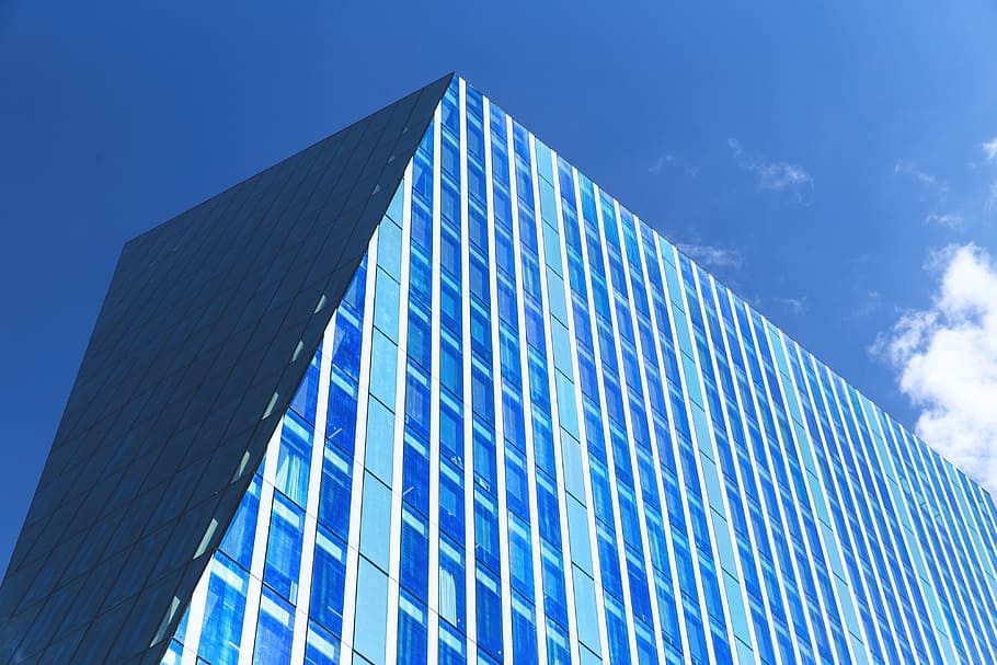 angled building, sunny, blue, day, city, building, blue day, day in the city, architecture, glass - Material