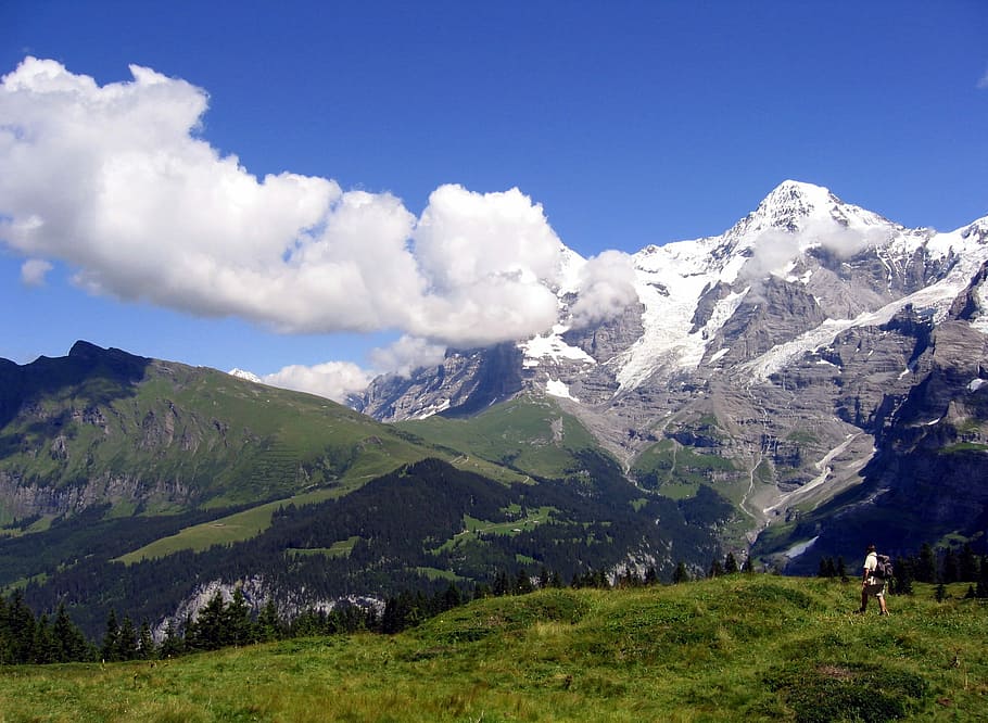 Switzerland, Hiker, Murren, Monch, mountain, mountain range, landscape, scenics, nature, sky