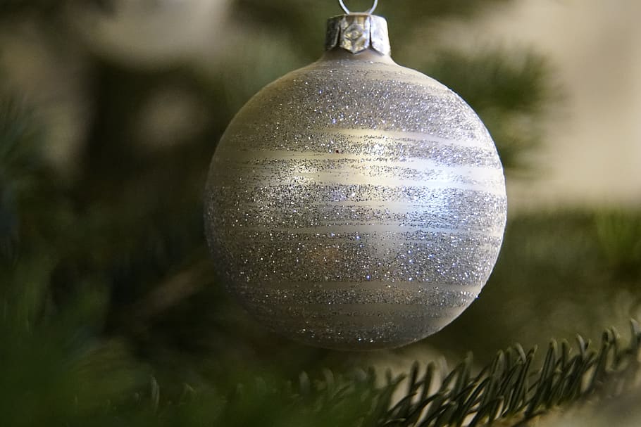 bauble, silver, christmas, decoration, xmas, tree, glitter, close-up, focus on foreground, christmas decoration