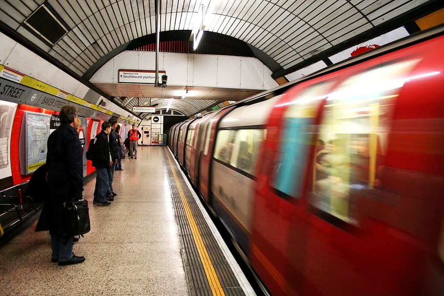 저속 촬영 사진, 사람들, 기다리는, 기차, 런던, 영국의, 지하철, 여행, 선로, 지하철 역