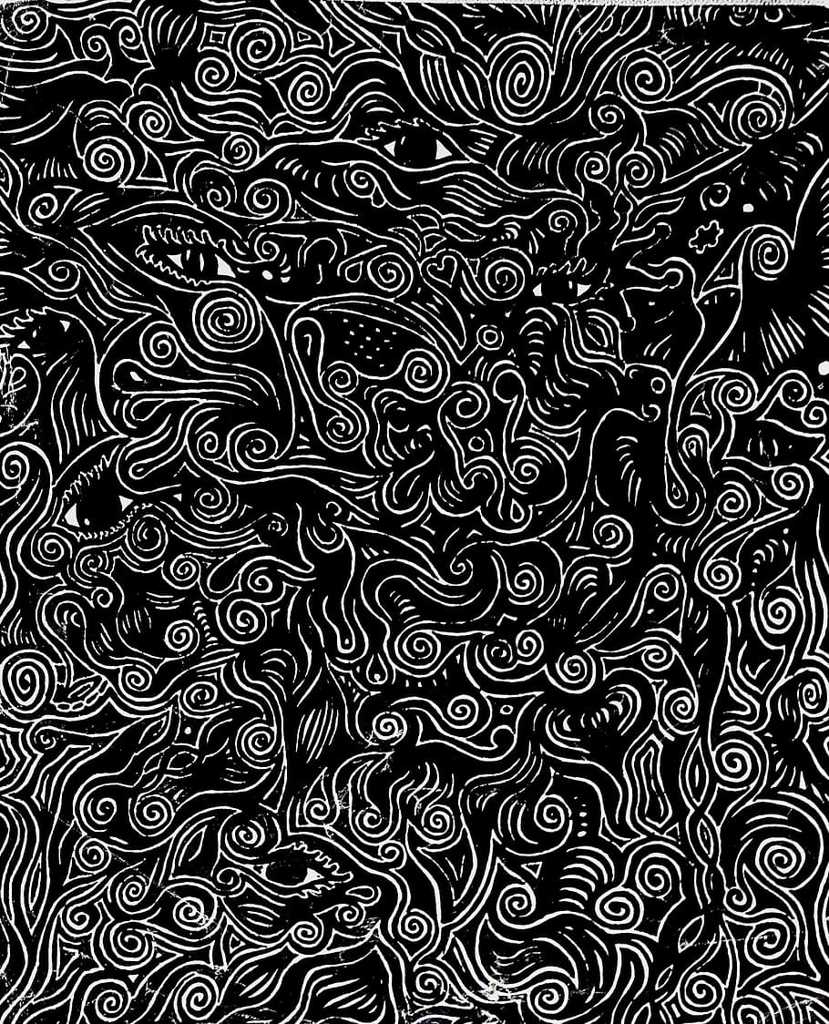 black, gray, swirl print cloth, art, marker, mystery, mysterious, eyes, decorative, dark