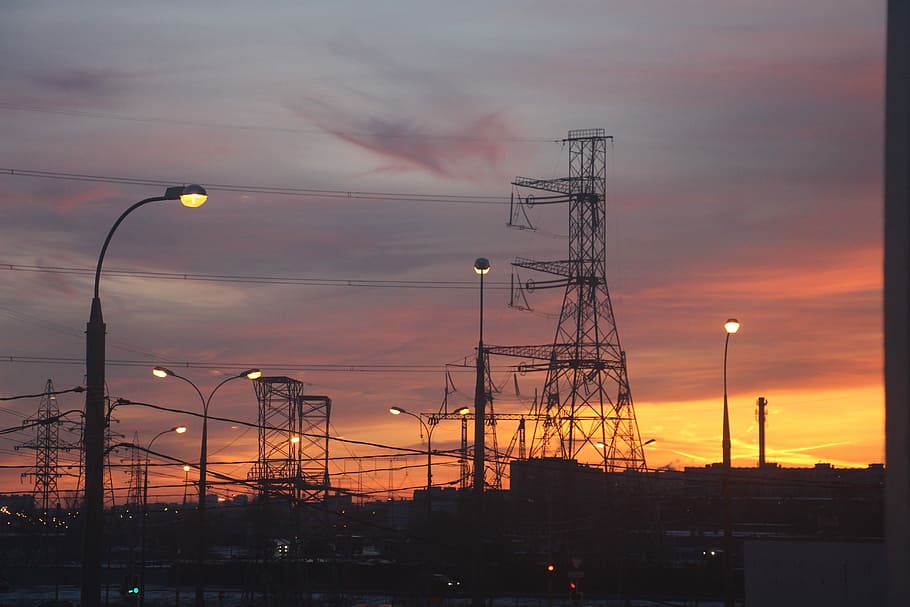 energy, industry, sunset, sky, pollution, electricity, station, lap, lamppost, stab