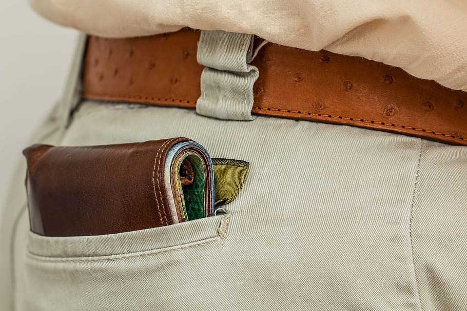 brown, leather wallet, gray, bottoms pocket, wallet, cash, pocket, money, purse, leather