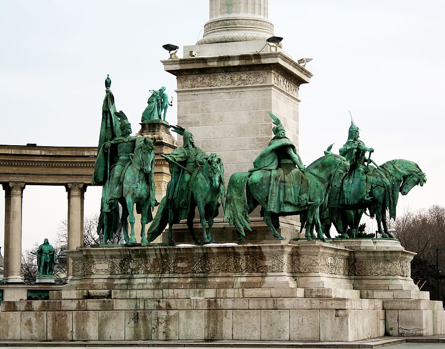 budapest hungary, heroes square, statures, horses, monument, landmark, famous, memorial, hero, sculpture