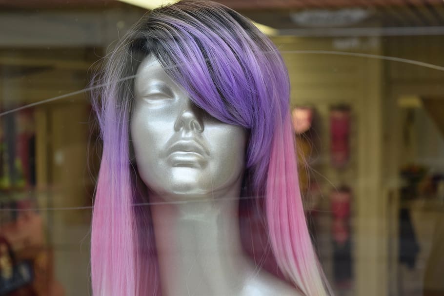 gothenburg, woman, hair, the longing, manekin, purple hair, pink hair, shopping window, wig, dyed hair