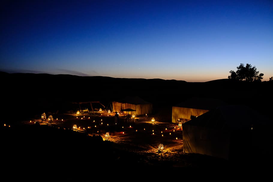 sunset, camp, camping, nature, desert, sahara, morocco, tent, tourism, campsite
